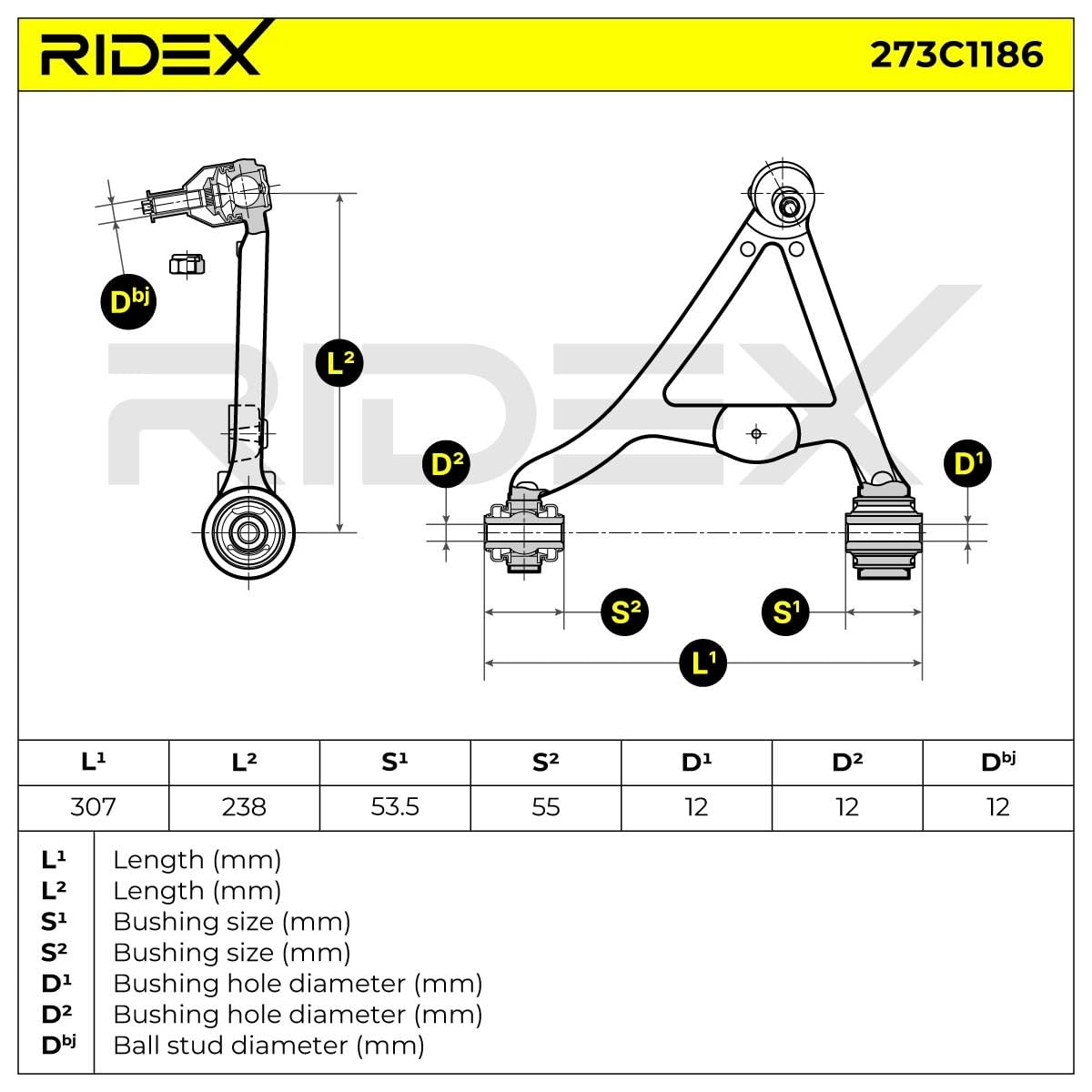 RIDEX 273C1186 Barra oscilante de suspensión de ruedas Trasero Derecha con rótula de suspensión/carga con apoyo de caucho con rótula Unibal Compatible con JAGUAR S-Type X200