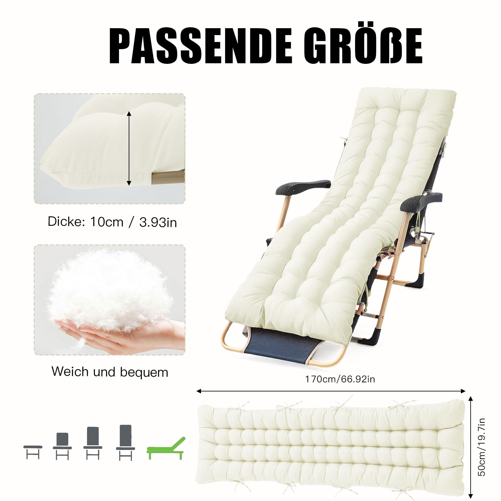 Bocguy Cojín para Tumbona de Exterior 170x50x10CM，Colchóneta para Tumbona de Jardin y Terraza y Balcón - Impermeables Colchoneta para Hamaca y Tumbona con Fijación Fácil