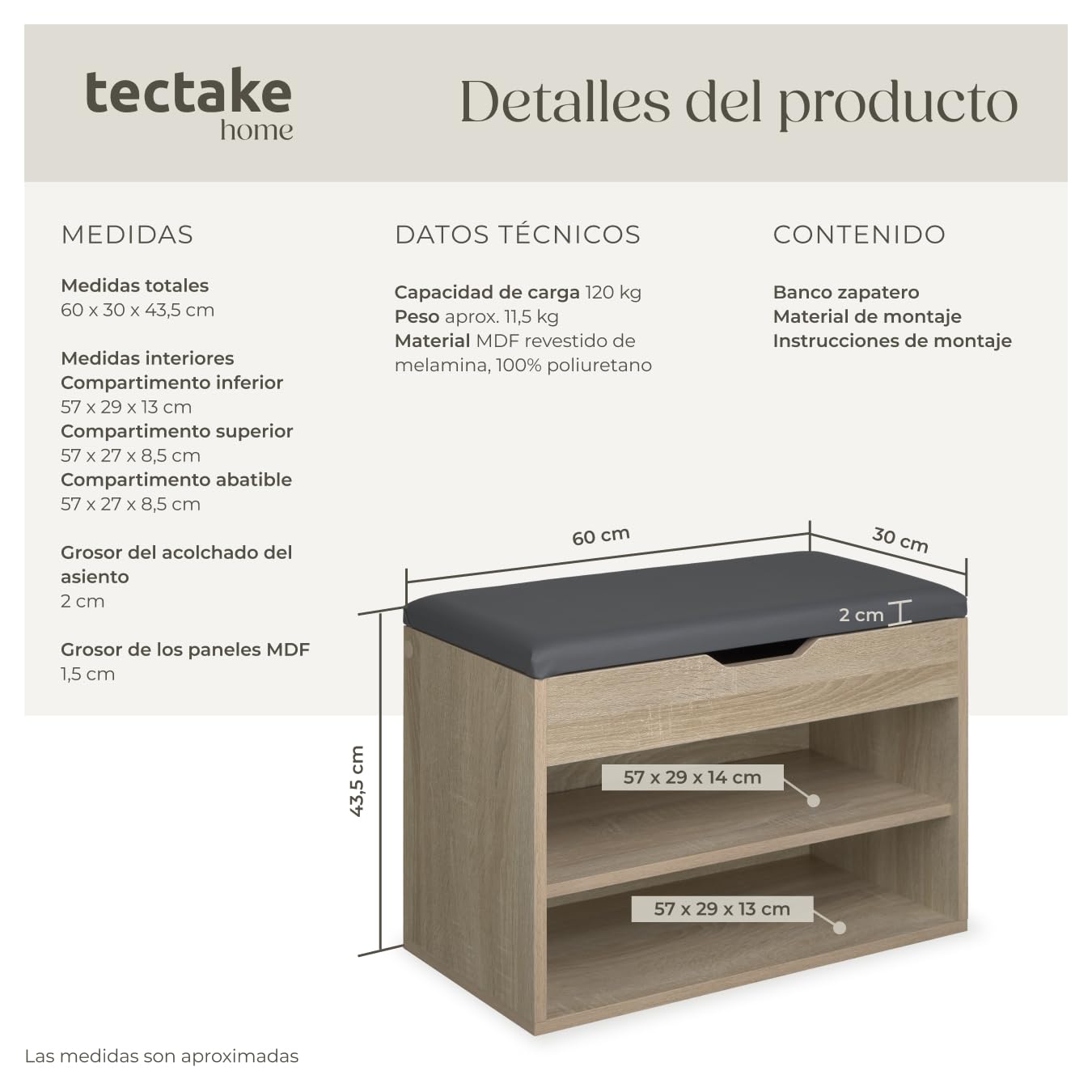 tectake® Zapatero Madera con Cojín Extraíble, Estanteria Zapatero Ajustable, Mueble Entrada Recibidor, Organizador Zapatos, Banco para Guardar Zapatos - Madera Clara, Roble Sonoma
