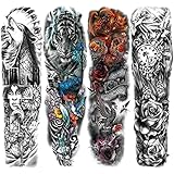 Briyhose Animal Floral Temporary Sleeve Tattoos For Women Leg, Large Full Arm Flower Wolf Tiger Fake Tattoo Sleeve Adult Girl, Realistic Phoenix Clock Temp Tatoo Sticker Thigh Body Art Makeup, 4-Sheet