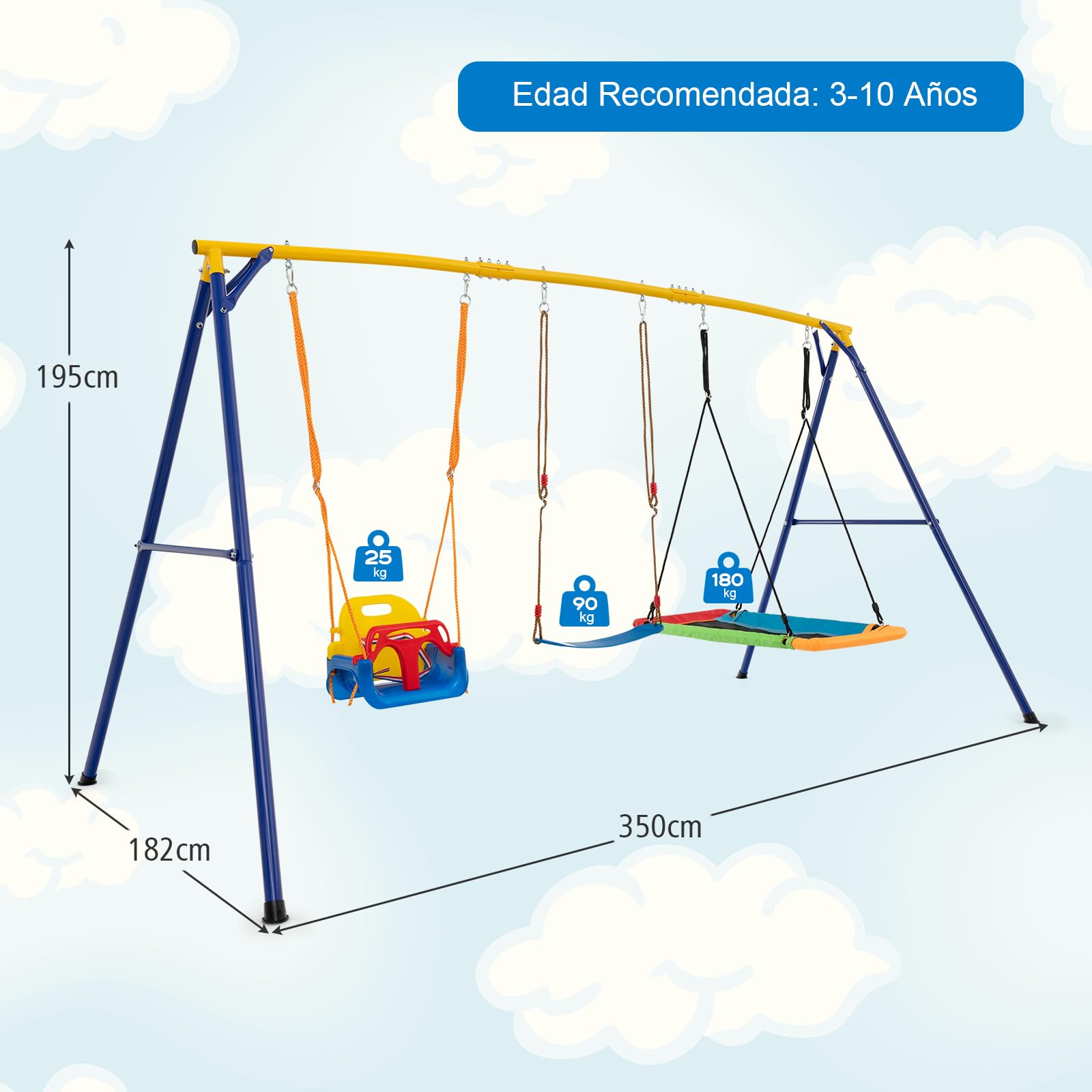 GOPLUS Columpio de Exterior de 3 plazas, Capacidad de Carga 300 kg con cinturón Ajustable, Columpio de Surf y Asiento de Columpio de bebé para jardín y terraza, para niños de 3-10 años