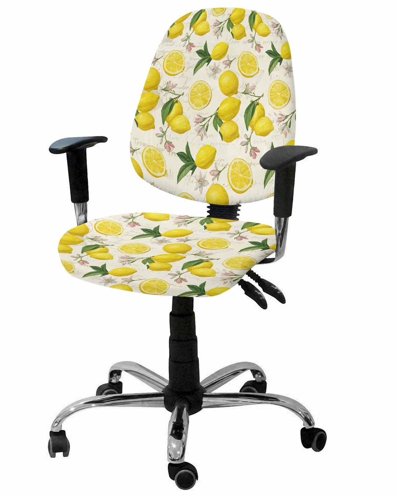 Lemon 2 Pieces Computer Office Chair Covers Set,Stretchable Desk Rotating Chair Seat Cushion Slipcover Back Covers,Summer Farmhouse Botanical Fruit Leaves Floral Slipcover Back Cover,Protectors Cover