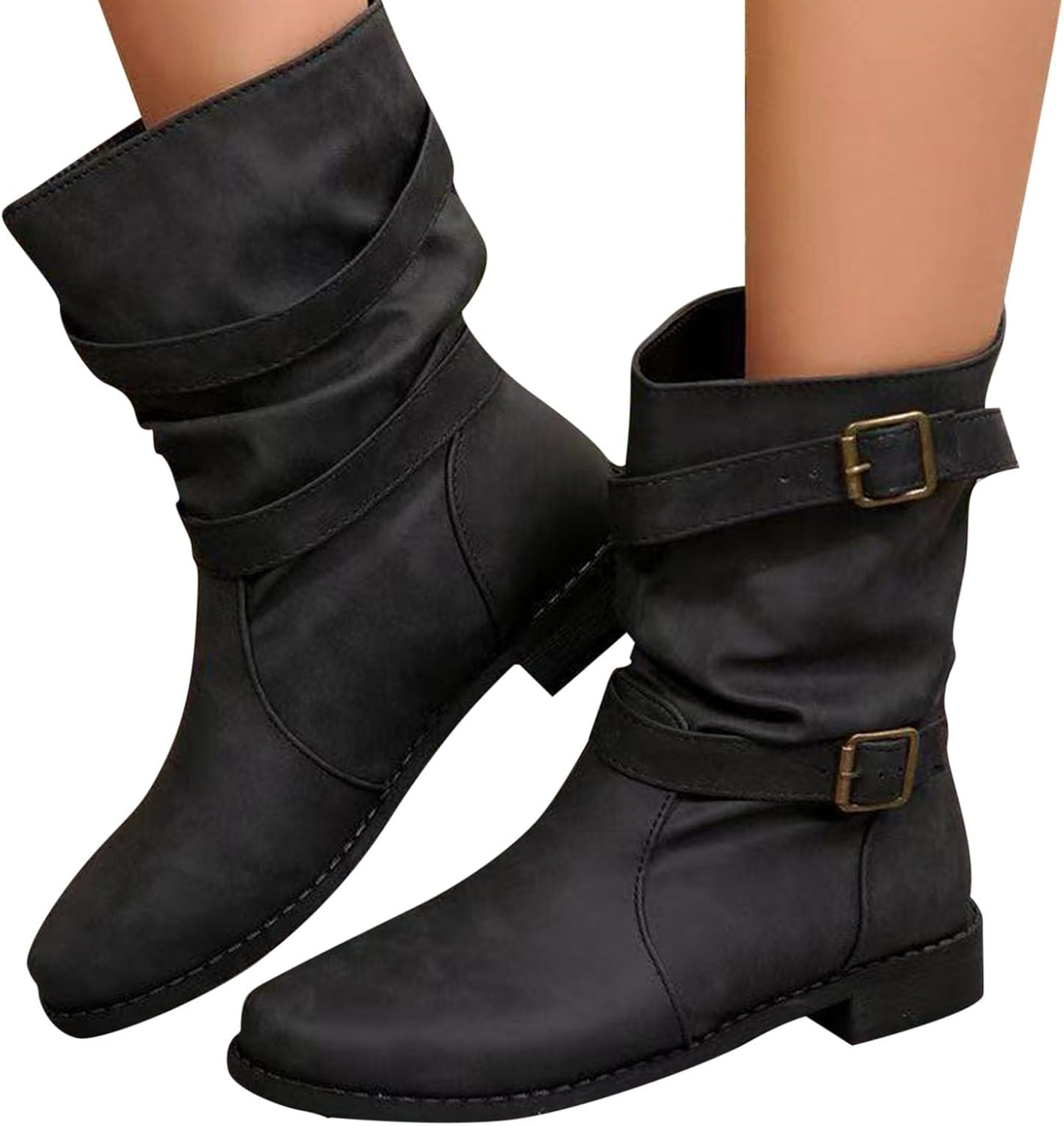 Women's Wide Width Ankle Boots Low Heel Buckle Strap Mid Calf Cowgirl Boots