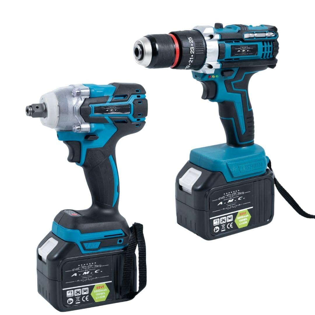 A.M.C. Kit Professionale Fai da Te 5 in 1 con Trapano Avvitatore a Batteria, Trapano a Percussione a Batteria Smerigliatrice Angolare, Trapano a Martello e ad Impulsi Svita Bulloni Luce Led 88v