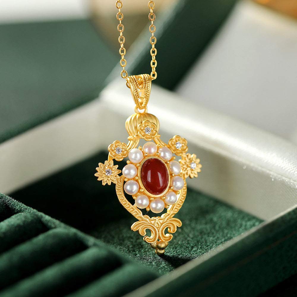 Collar De Plata De Ley 925 Para Mujer, Ágata Roja Retro, Perla Barroca, Palacio Delicado, Encanto De Estilo Chino Simple De, Regalo para Novia para Hombres