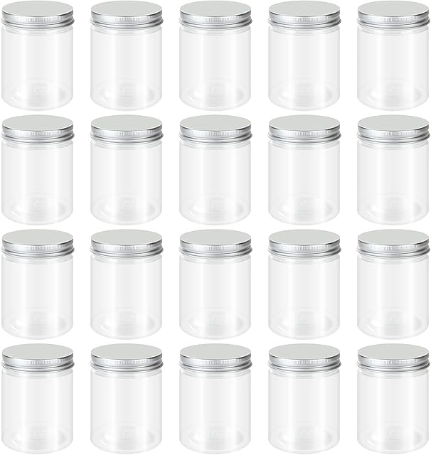 20 Pcs 250ml Plastic Storage Jars with Aluminium Lids, Clear Plastic Small Round Jars, Food Storage Containers Transparent Pot Jars Airtight for Sweets, Dry Food, Seasoning, Spice