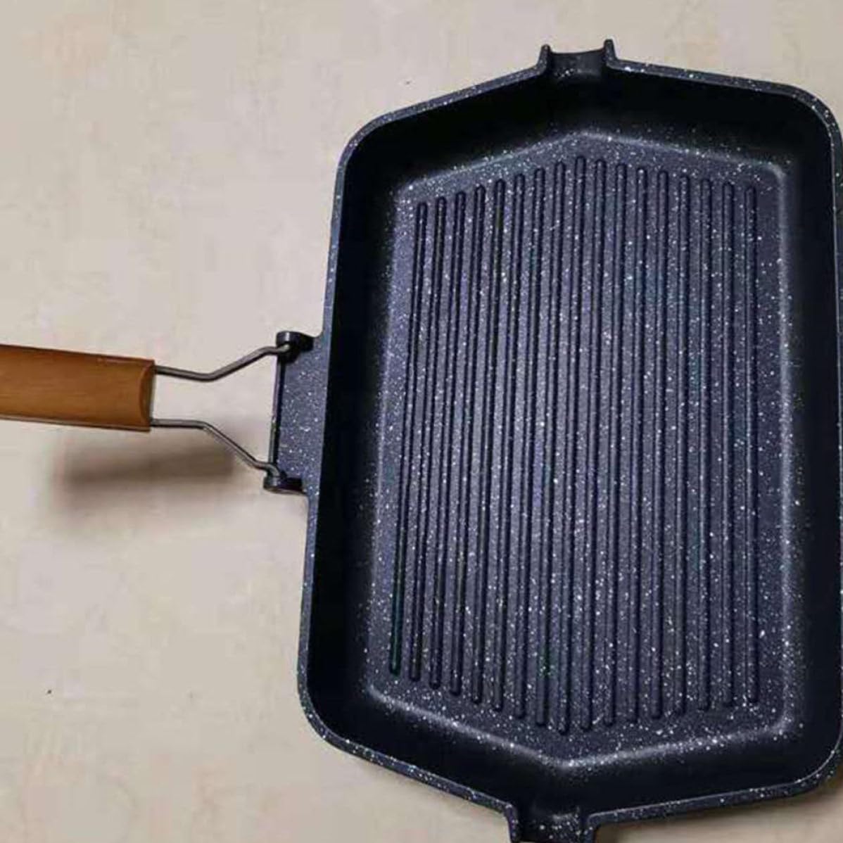 Padella Grill Antiaderente per Bistecche, Ferro Nero, Manico Pieghevole