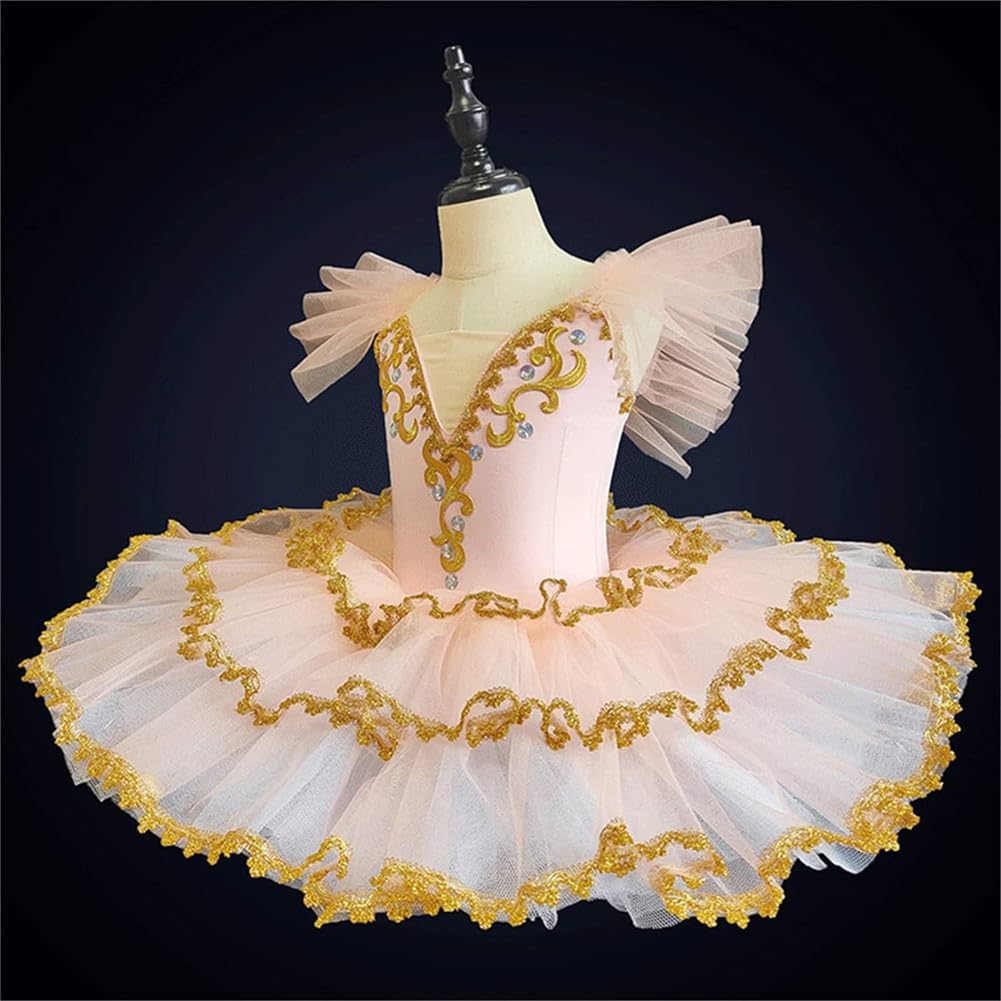 Bambini Ragazze Strass Decorazione Cigno Body Ballet Danza Tutu Vestito Maniche Arruffate Ricamo Tulle Gonna Pattinaggio Ginnastica Ballerina Dancewear