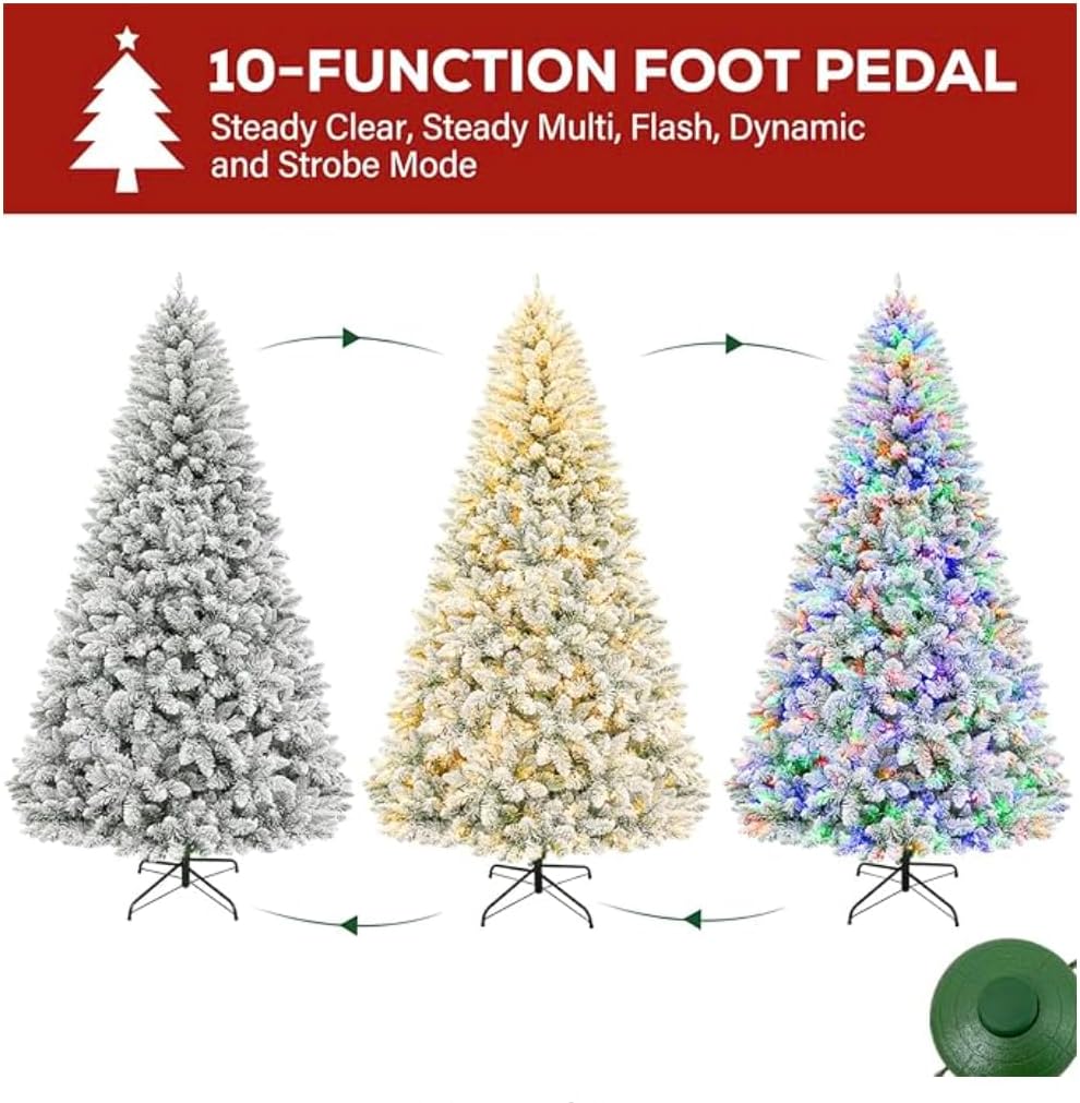 Flocked Christmas Tree, 6 ft Prelit Christmas Tree with Lights, 10 Functions, 250 Lights, Spruce Artificial Christmas Tree Prelit with 750 Realistic Tips & Sturdy Metal Base Easy Assembly
