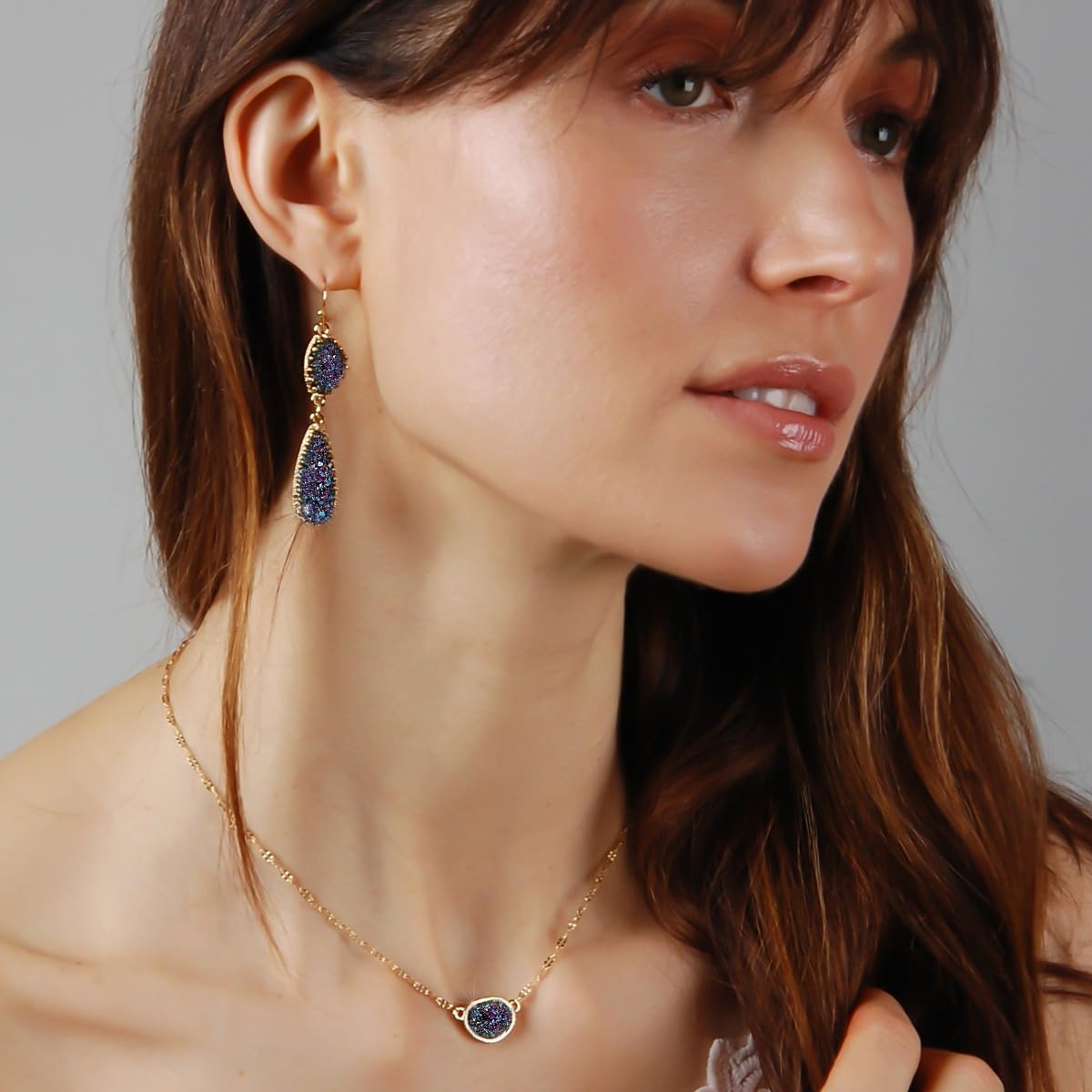 Humble Chic NY Simulated Druzy Pendant Necklace for Women with Sparkly Oval Stone - Gold, Silver, or Rose Gold Tone Chain - 16" with 3" Extender - Image 5