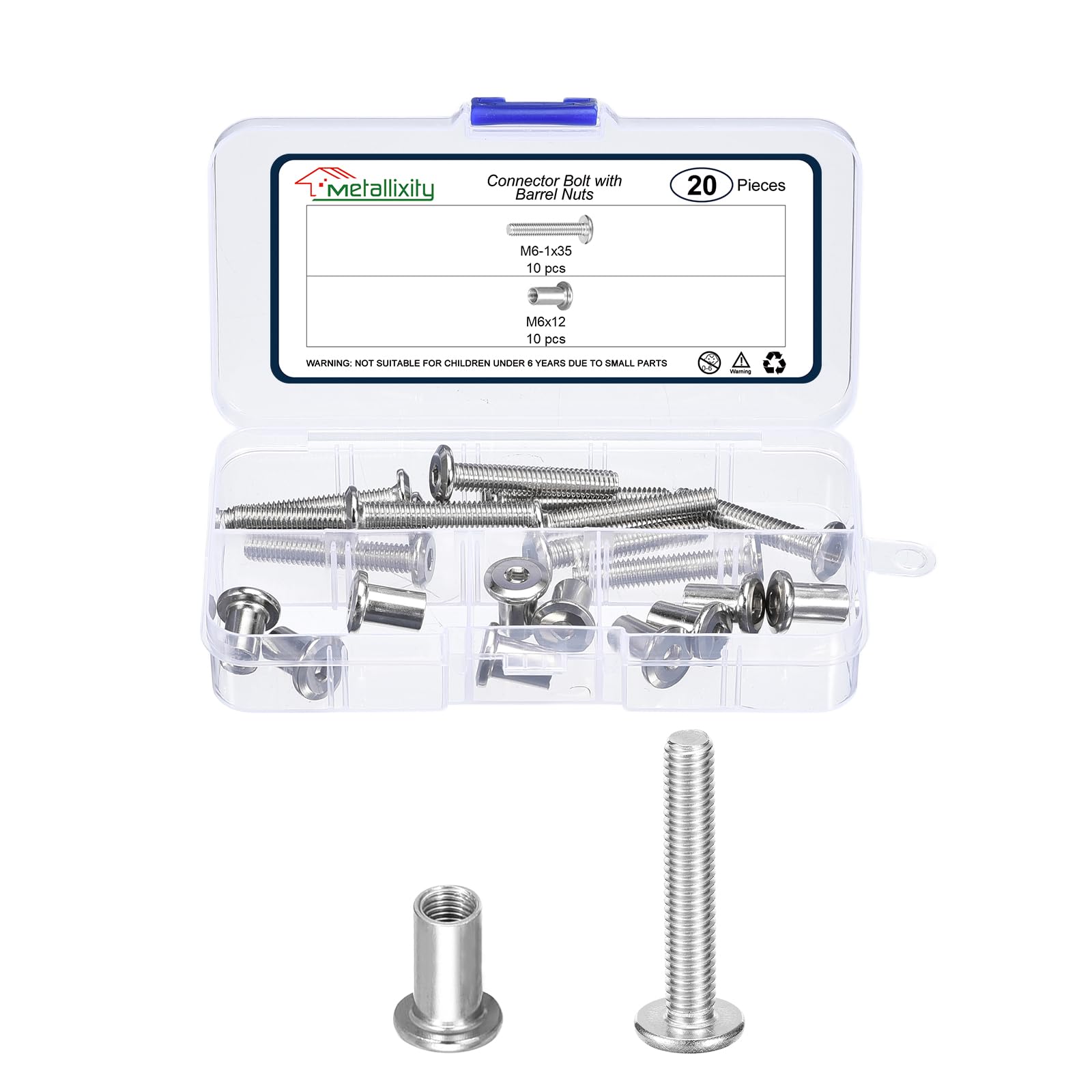 METALLIXITY Crib Screws Replacement Set(M6-1x35mm) 20Pcs Nickel Plating, Connector Bolts M6 Screw Barrel Nuts Binding Screws