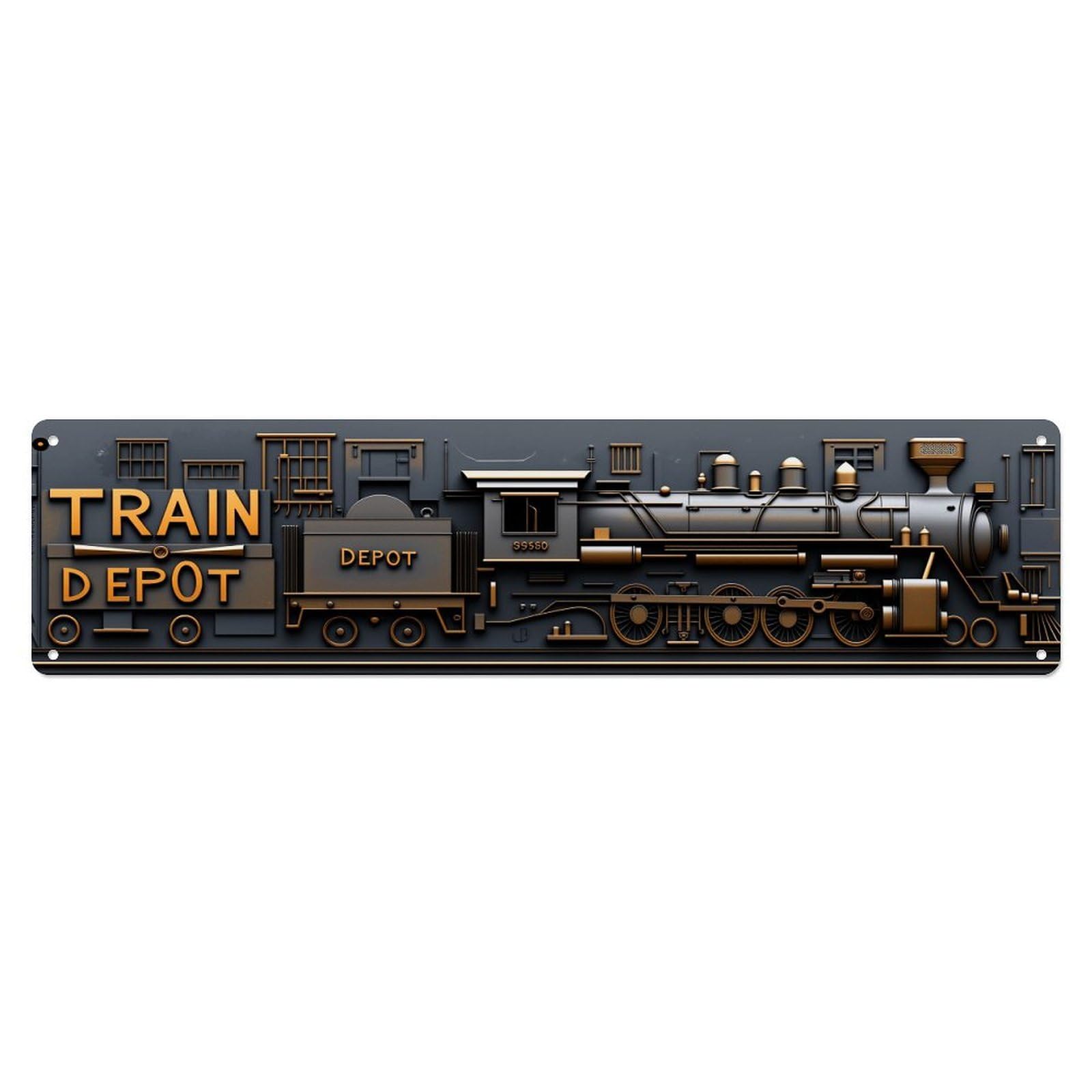 Jdyaojiesheng Vintage Train Depot Steam Engine Pattern Tin Sign Retro Metal Wall Decor Metal Poster, Home Bar Garage Farmhouse Cafe Wall Art Decoration 4X16inches