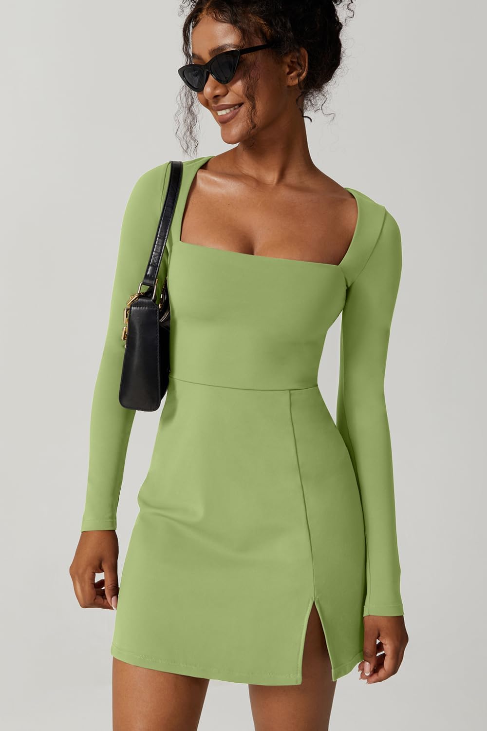 QINSEN Womens Square Neck Bodice Dress Long Sleeve Side Slit Flare Mini Dresses - Image 3