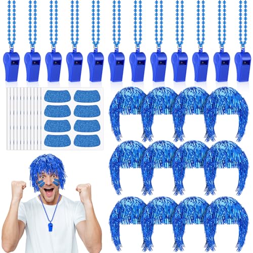 Realspring 124 Pcs Blue Accessories Team Spirit Bulk Team Spirit Week Include Foil Wig Fits Whistles Eye Black Sticker for Sporting Events Cheering Essentials