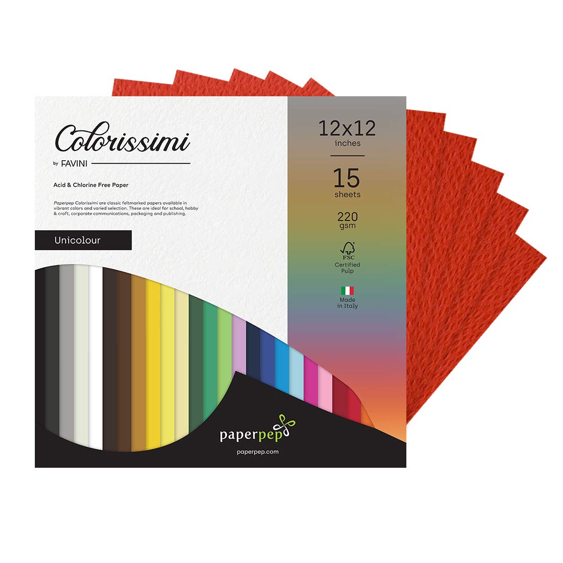 Paper Pep Colorissimi Card Stock 220GSM 12"X12" Scarlatto (Red) Unicolor Pack of 15 Sheets
