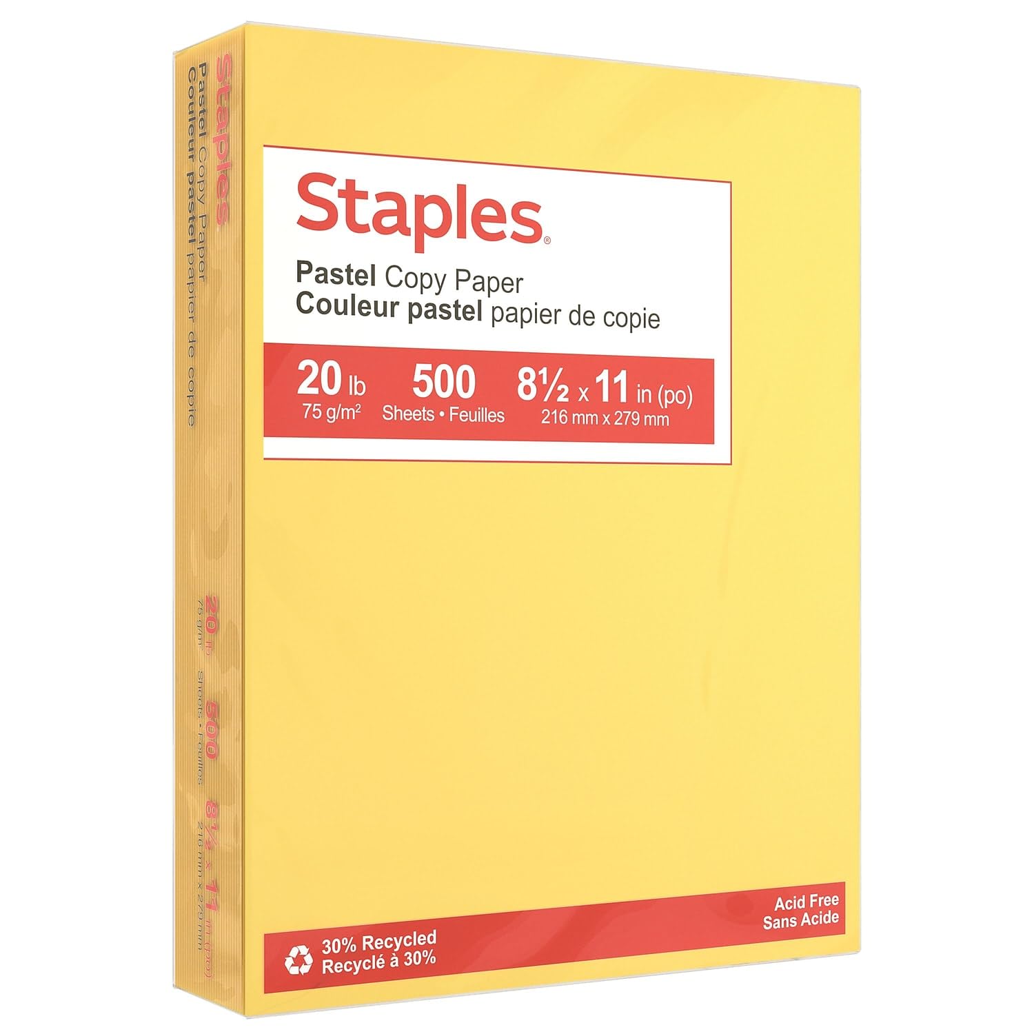 Staples Pastel Color Copy Paper, 30% Recycled, 8.5 x 11 Inch, 20 lbs, 500-Sheets Pack, Canary