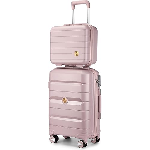 Somago 20" Carry On Luggage and 14" Mini Cosmetic Cases Travel Set Lightweight Polypropylene Suitcase with TSA Lock YKK Zipper Hardside Luggage with Spinner Wheels (2 Piece Set, Nude Pink)