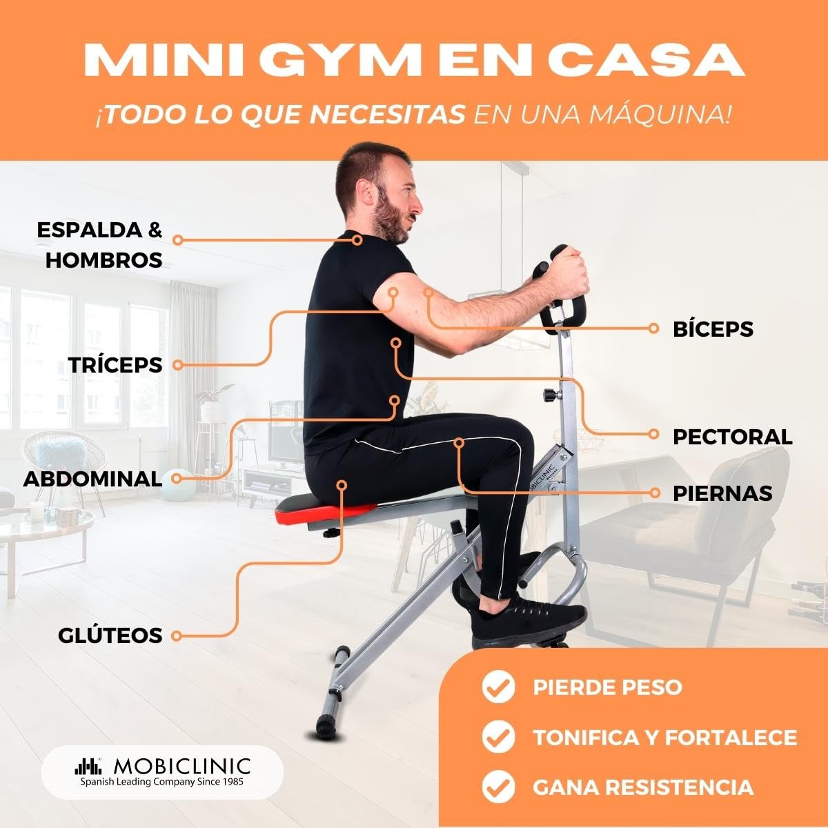 Mobiclinic®, Máquina de Remo, Plegado Compacto, Vitalfit, Sentadillas, Glúteos, Multifunción, Pantalla LCD, Carga 100kg, Gym en casa, Manillar Ajustable, Base Antideslizante