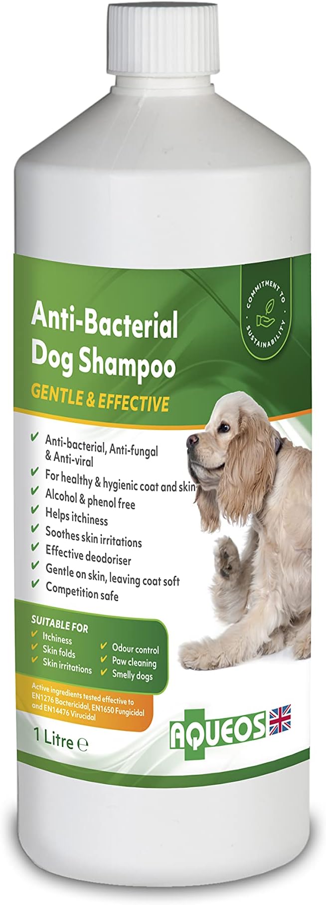 Aqueos Antibacterial, Antiviral & Antifungal Dog Shampoo | Anti-Itch | Smelly Itchy Dogs | Skin Irritations | Skin Soothing | 1 Litre