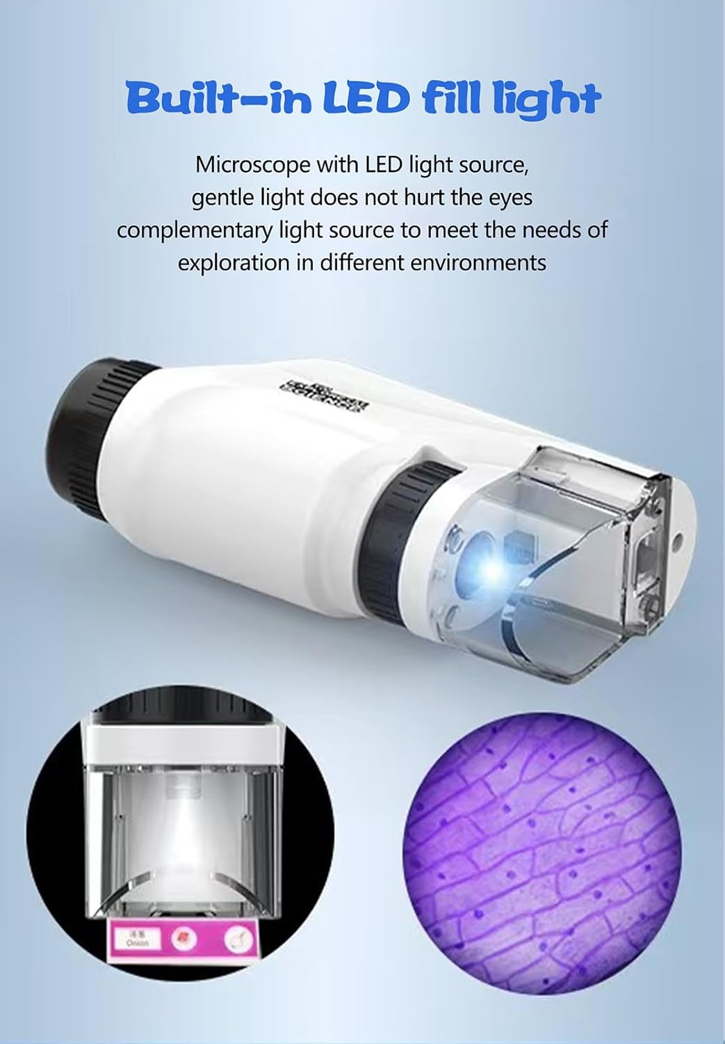 Little Marvin Microscope, The Little Marvin Microscope for Kids, Mini Microscope for Kids, The Marvin Scope for Kids with Led Light, Little Marvin Mini Scope (White+Blue+Pink) (Blue Stand)