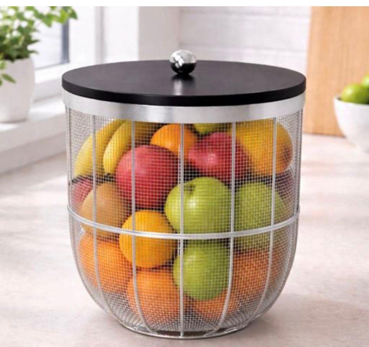 Wire Mesh Fruit Basket with Wooden Lid, Silver and Black, Round, Kitchen Counter Storage-image-37