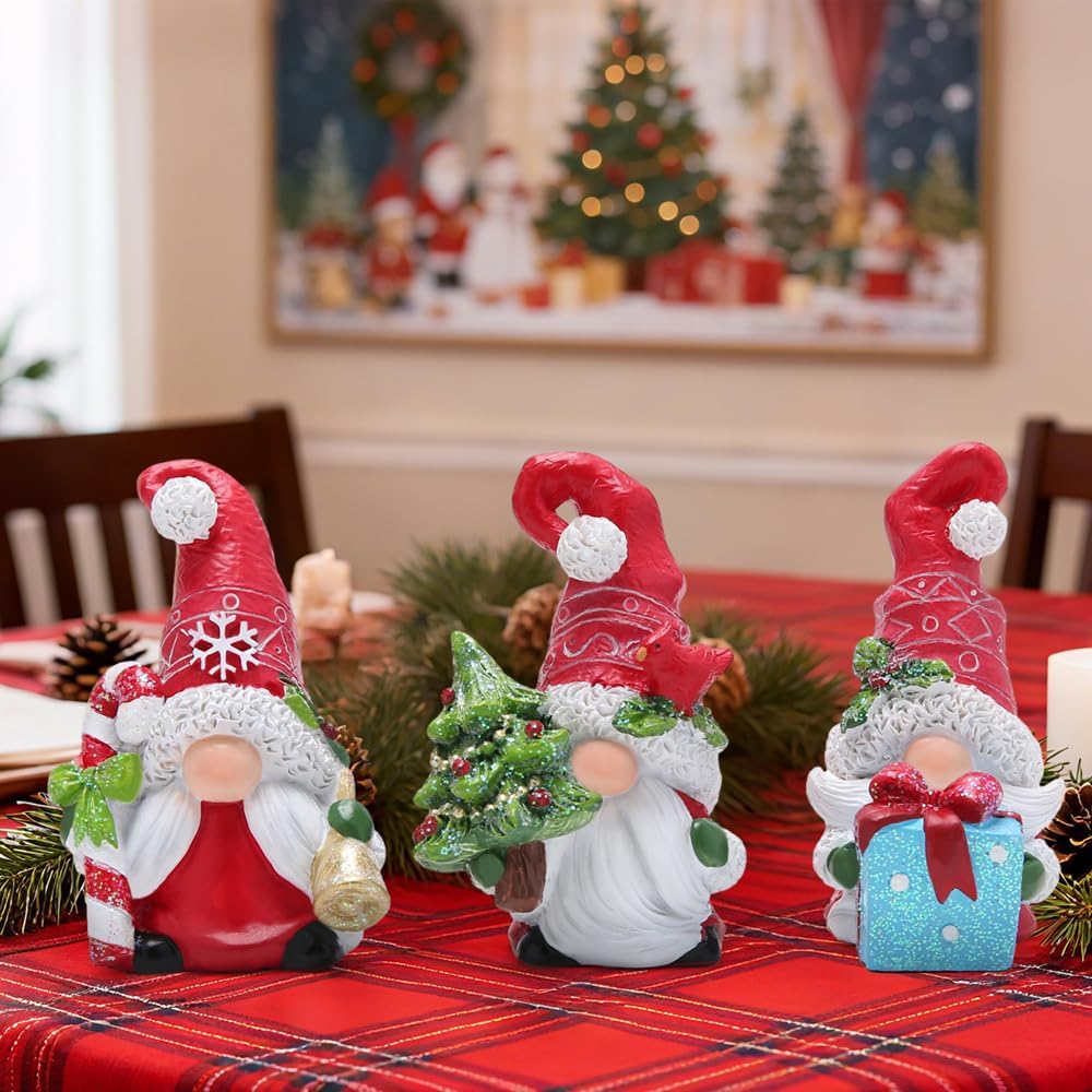 Hodao Christmas Gnome Decorations Set of 3 - Hand-Painted Resin Santa Gnomes with Candy Cane, Christmas Tree & Gift Box, Holiday Home Decor for Tiered Tray, Mantel, Tabletop, Windowsill - Image 6