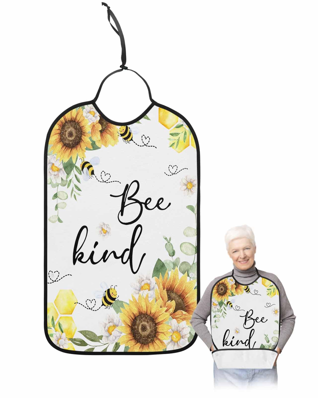 LEOKOTI Sunflower Adult Bibs for Eating, Waterproof Bibs with Food Catcher & Adjustable Snap Closure, Watercolor Spring Floral Summer Botanical Bee Washable Clothing Protectors Adult Bibs for Elderly