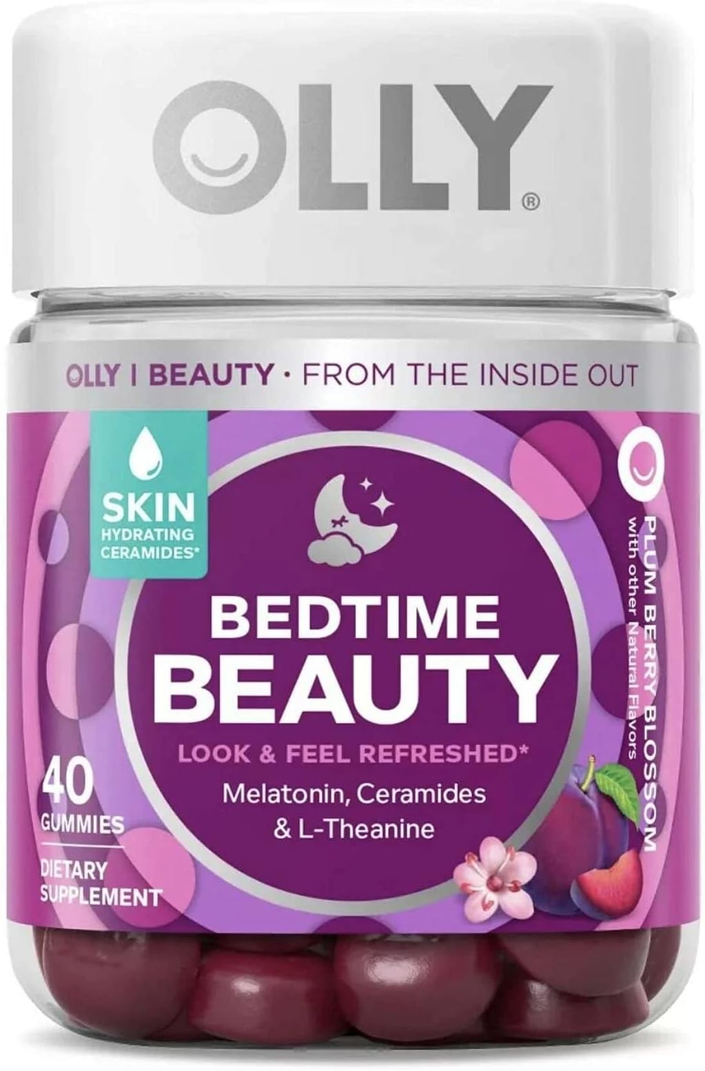 OLLY Bedtime Beauty Gummy, Skin Hydrating, Melatonin, Ceramides and L-Theanine, Sleep Supplement, Sleep Aid, Plum Berry, 20 Day Supply - 40 Count