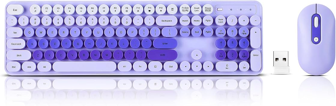 Wireless Keyboard and Mouse Combo, Full Size Compact Quiet Wireless Keyboard and Mouse Set 2.4G Ultra-Thin Sleek Design for Windows, Desktop, PC, Notebook, Laptop,Round Keys Purple Mixed Punk Color