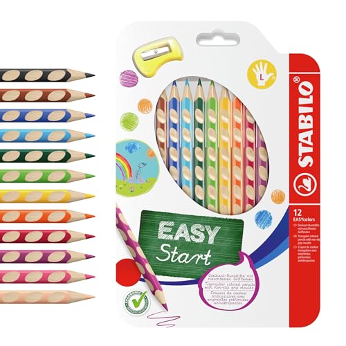 STABILO - Ergonomischer dicker Buntstift für Linkshänder - EASYcolors - 12er Pack mit Spitzer