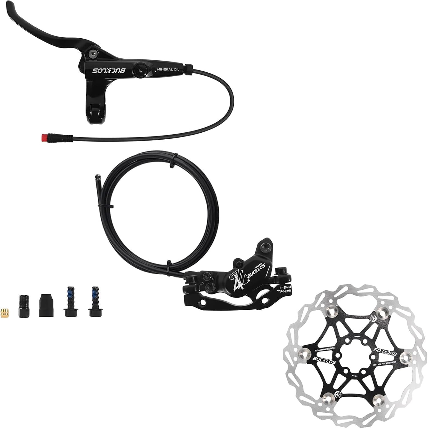 BUCKLOS HD-E375 2-PIN 4 Pistons E-Bike Electric Power Off Hydraulic Disc Brake Left Front 1150mm and 160mm Bike Floating Disc Brake Rotor