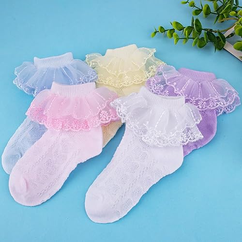 Miniatura 7 de Looching Calcetines con volantes de malla para bebé y niñas pequeñas, con ojales, de algodón, con volantes, 5 pares