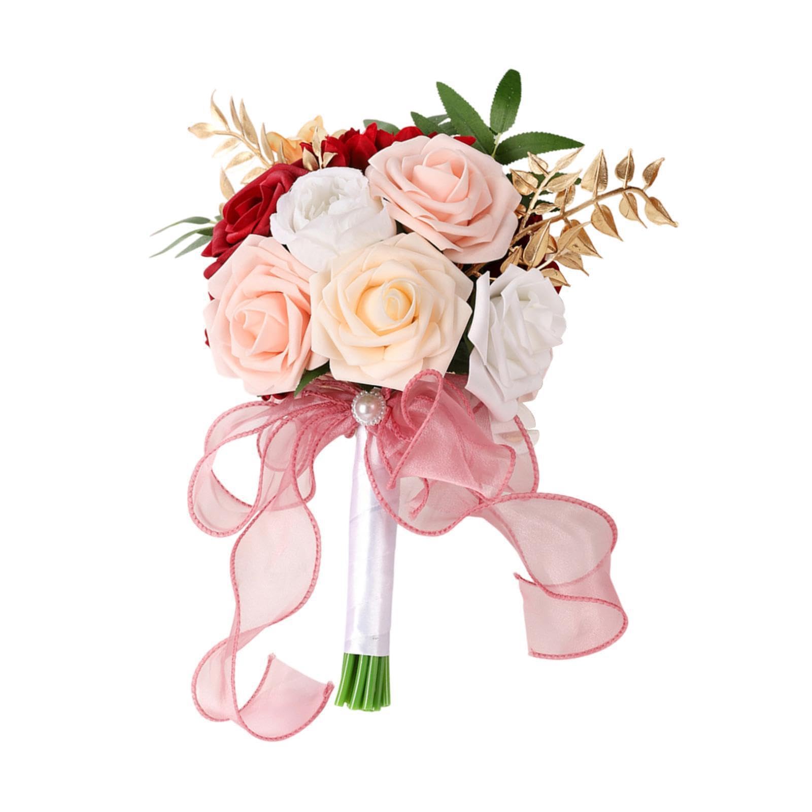 Auyxssz Red Bride Bouquets Elegant Wedding Bride Flowers Bouquets Gorgeous Silky Floral Arrangements Special Occasions Artificial Roses Bridal Bouquet Tossing, Height 29Cm