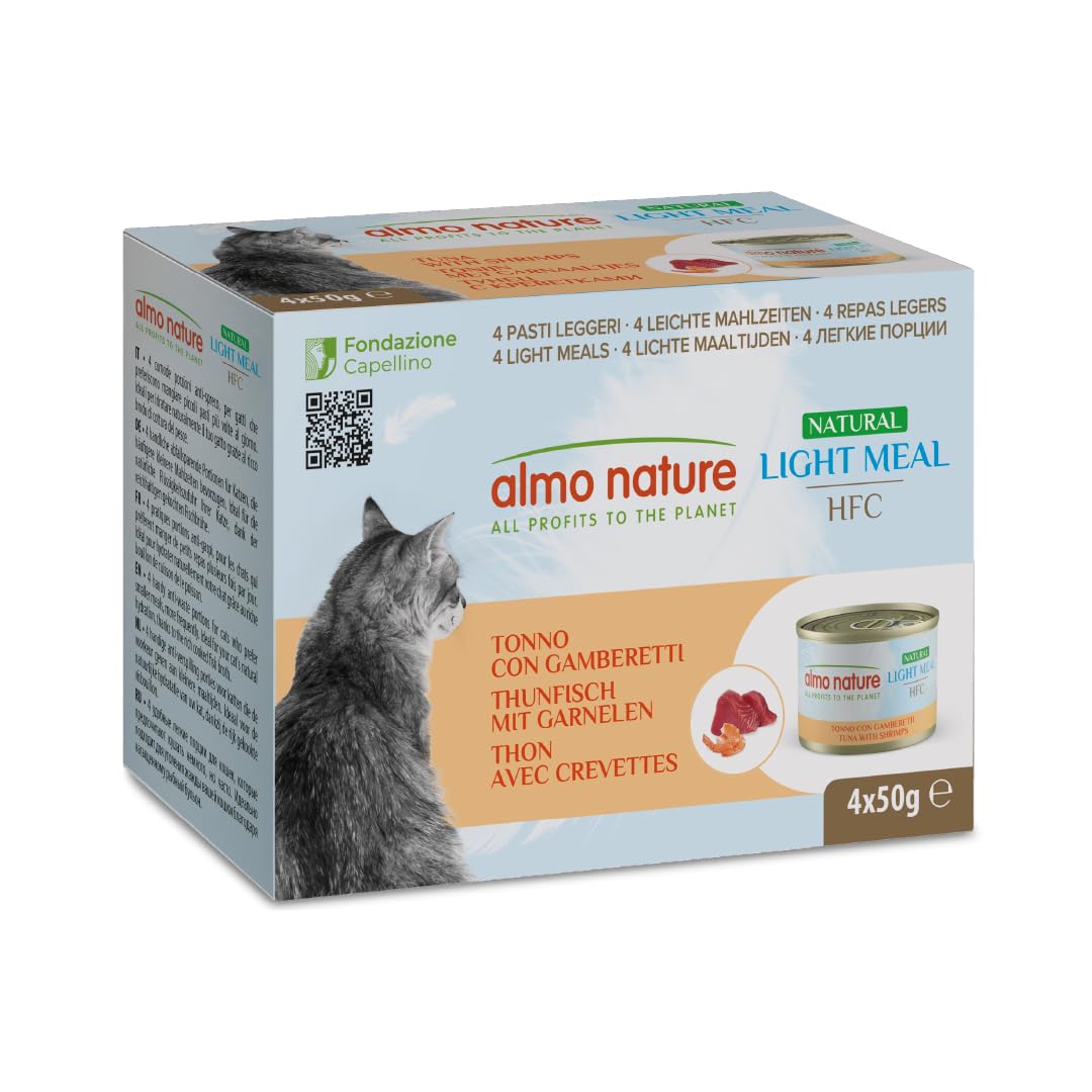 Almo Nature HFC Natural Light Meal Per Gatto - Con Tonno E Gamberetti (4 X 50g) - Made In Italy Per Diete Leggere