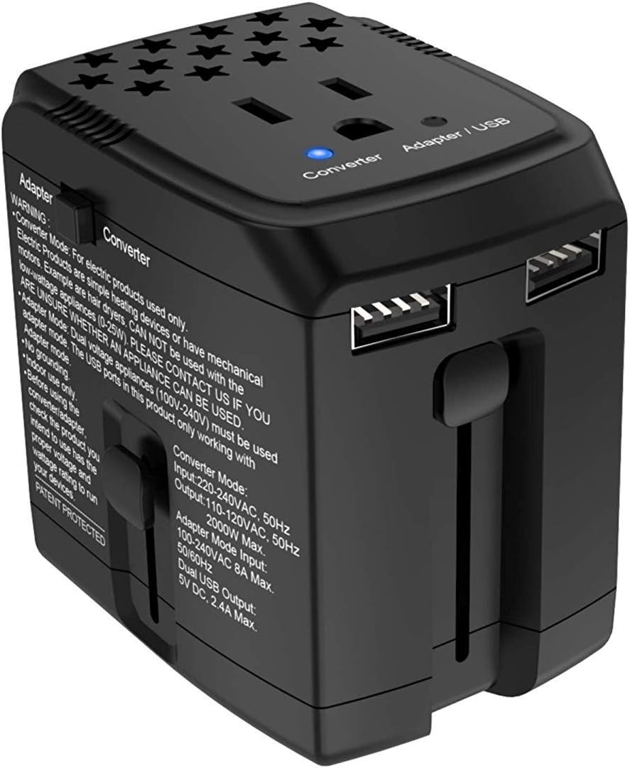 2000Watts Power Converter Adapter Combo Step Down Voltage 220V to 110V for Hair Dryer Laptop Cell Phone MacBook - Power Plug Adapter with 2 USB Ports US to Europe, UK, Italy, Asia Over 150 Countries