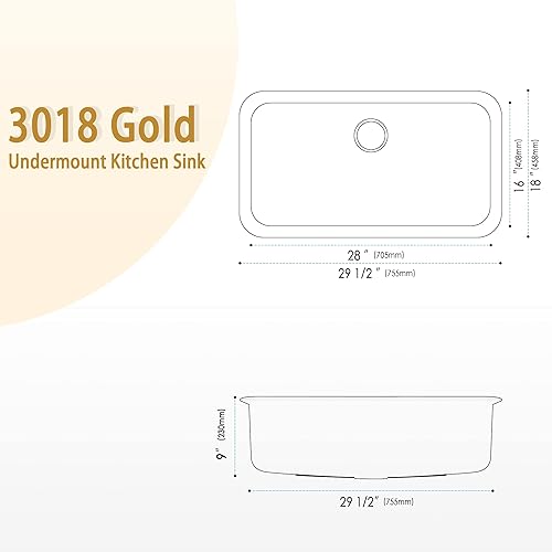 Miniatura 4 de Fregadero de cocina dorado de 30 pulgadas, fregadero de cocina de acero inoxidable SUS304 Undemount de 30 x 18 x 9 pulgadas, fregadero de cocina