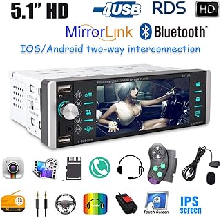 1 Din 5.1インチカーステレオBluetoothラジオIPS HDタッチスクリーンFM/AM/RDS、AI音声MP3プレーヤー、音声ステアリングホイールコントロール、AUX SD DVR 4 USB IOS Androidミラーリンクマイク付き