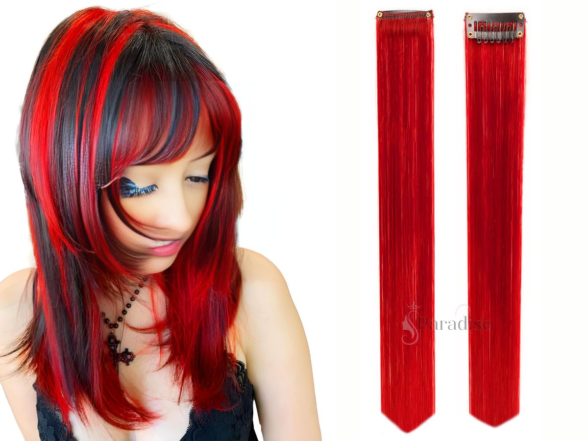 Paradise® Red Extensions for Girls, 22 inches, Pack of 6 Clip-In -Hair Extensions ForWomen Real Hair Straight Colored Hairs Streaks(Strips) To Highlights Instantly Party Funky Synthetic Hair Patches 3