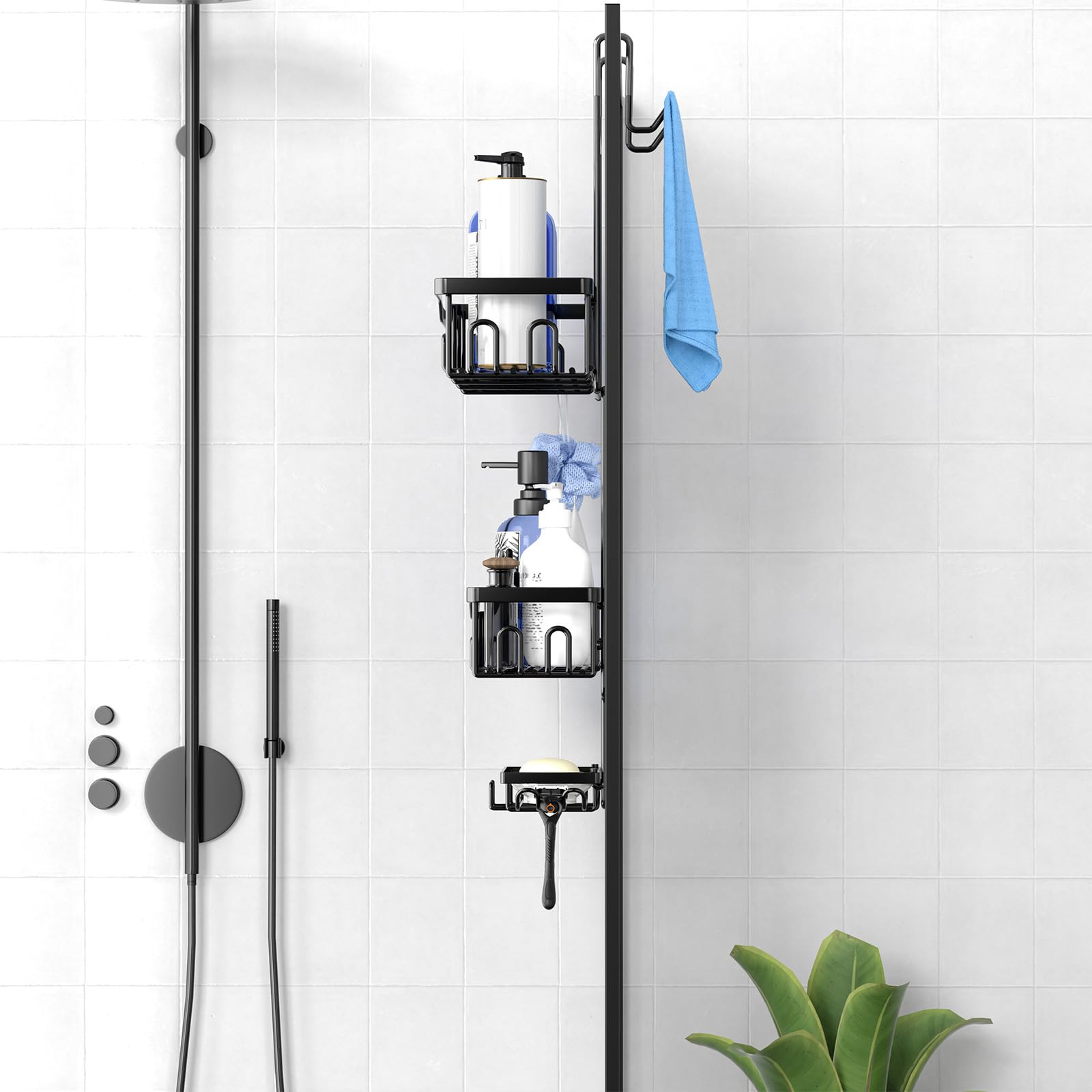 Estanteria Ducha para Colgar, Estante de Ducha para Puerta de Cristal y Puerta de Baño Champú y Gel de Ducha, Organizador Baño con Ganchos (Negro)
