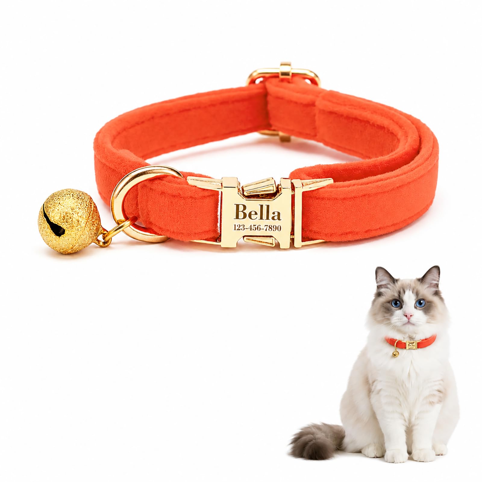 Custom Cat Collar with Bells Personalized Small Cat Collar Engraved Name &amp; Phone Number with Secure Metal Quick-Release Buckle Adjustable (Coral)