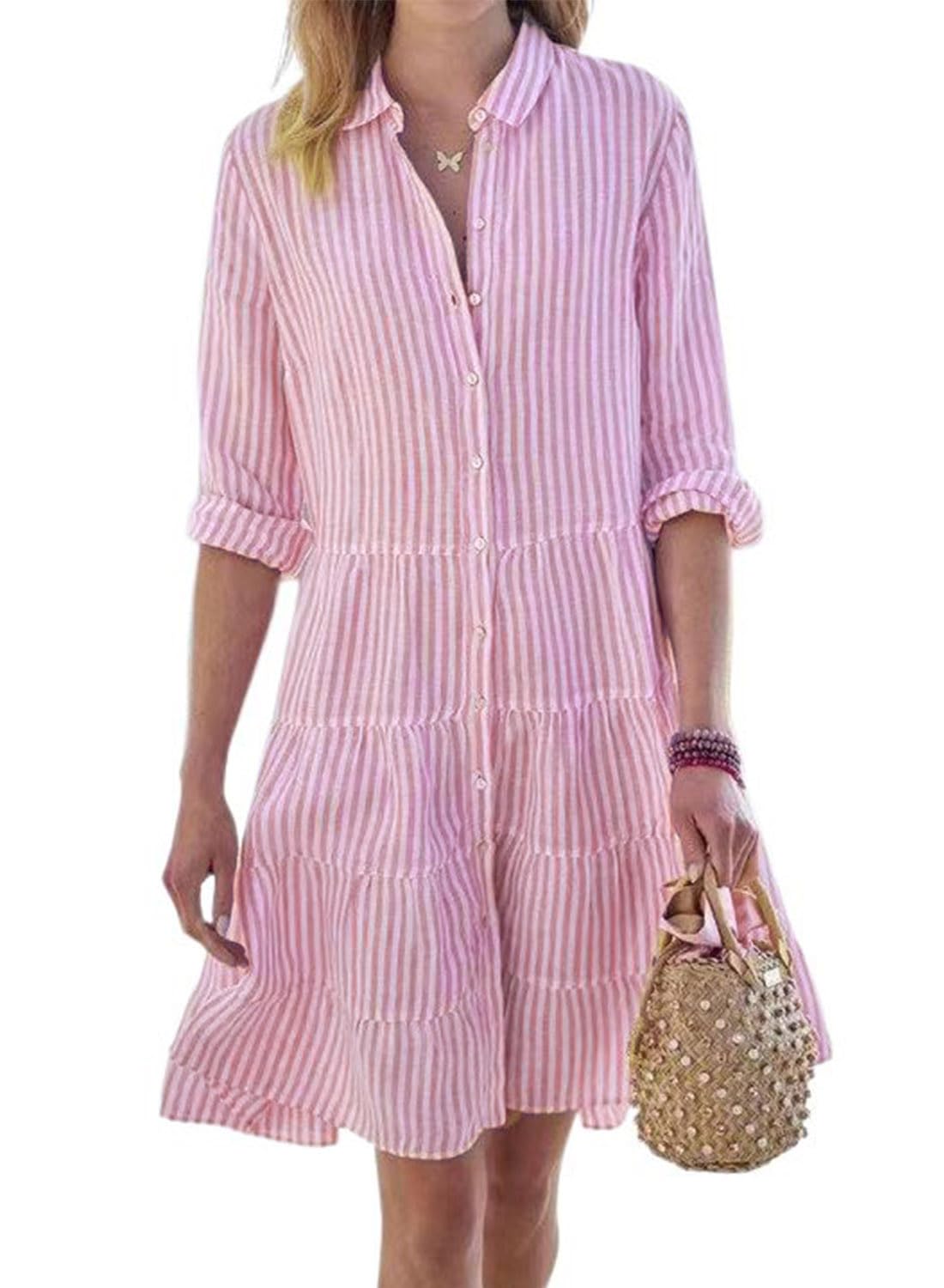 utcoco Womens Striped Button Down Midi Shirt Dress Casual Loose Cuffed Long Sleeve Mid Long Dresses