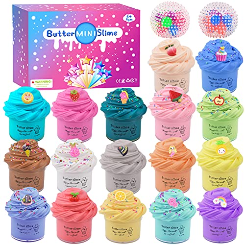 Butter Slime Kit 19 Pack, with 2 Pack Stress Relief Balls, Scented Fruit Mini Slime for Kids Party Favor, Unicorn Crunchy Slime Toys for Girls Boys, Super Soft and Non-Sticky