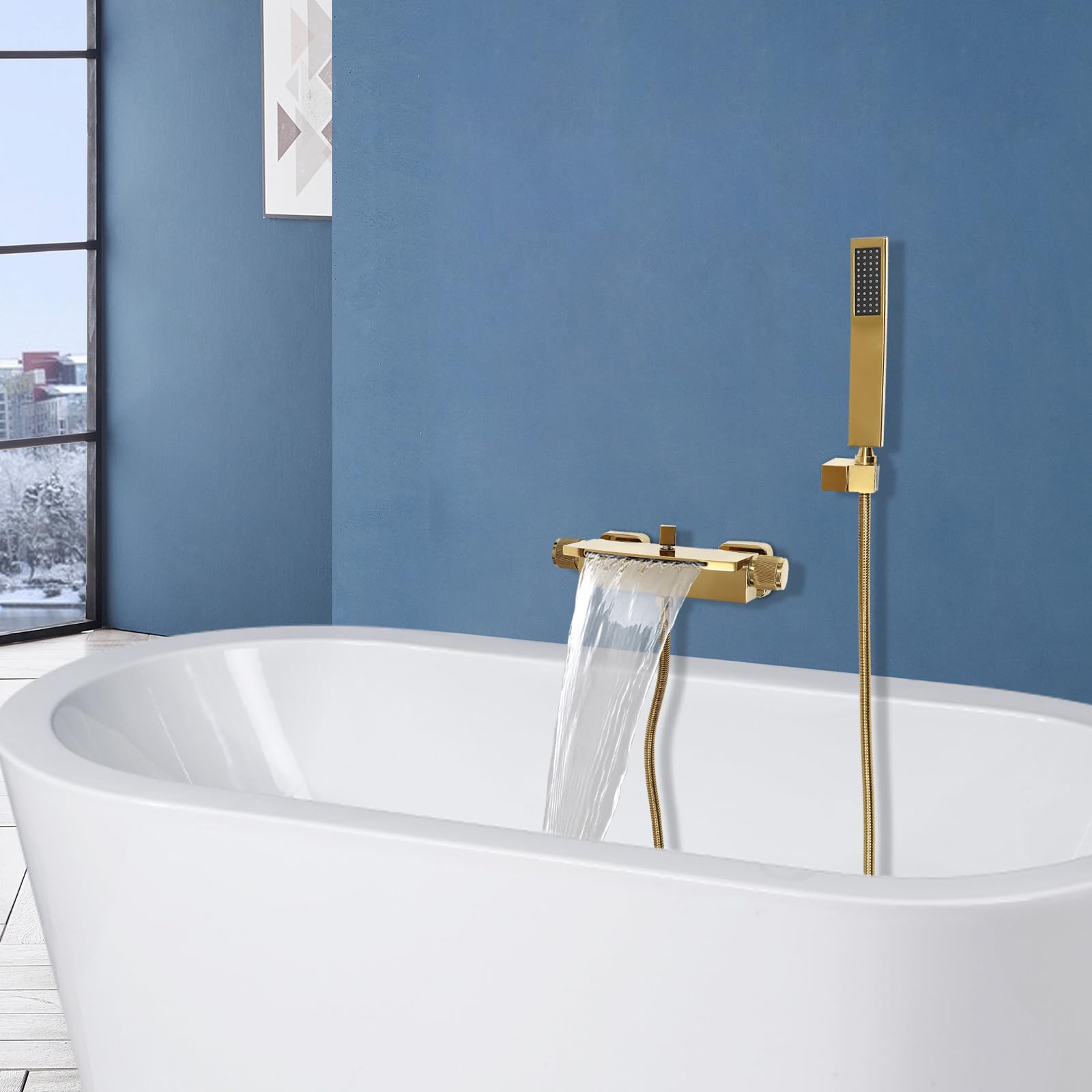 Grifo de bañera para bañera, grifo de cascada, grifo de ducha, grifo caliente y frío, grifo de mano de latón para aguas, hoteles, pensiones (dorado)