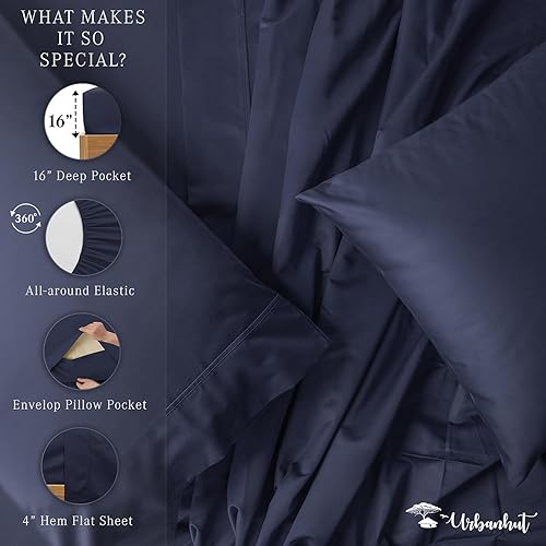 Miniatura 5 de URBANHUT Juego de sábanas de 100 % algodón King (4 piezas), 700 hilos, sábanas de lujo suaves para cama de tamaño King, sábanas de hotel de tejido