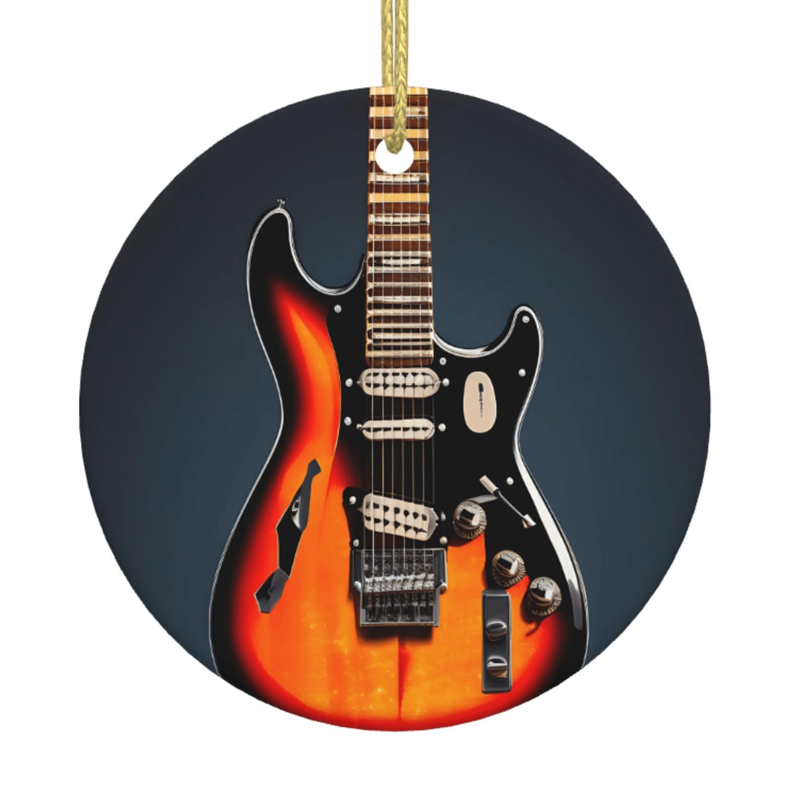 Orange Electric Guitars Print Christmas Ornaments, Ceramic Hanging Ornament, Round Shape Decorations