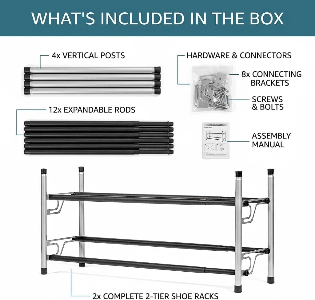 USTECH Expandable Shoe Rack, 2 Tier Adjustable Shoe Shelf Storage Organizer, Stackable Adjustable Standing Metal Shoe Shelf Organizer Storage, Alloy Steel Shoe Rack Adjustable (2 Tier, 1, Units) image 3