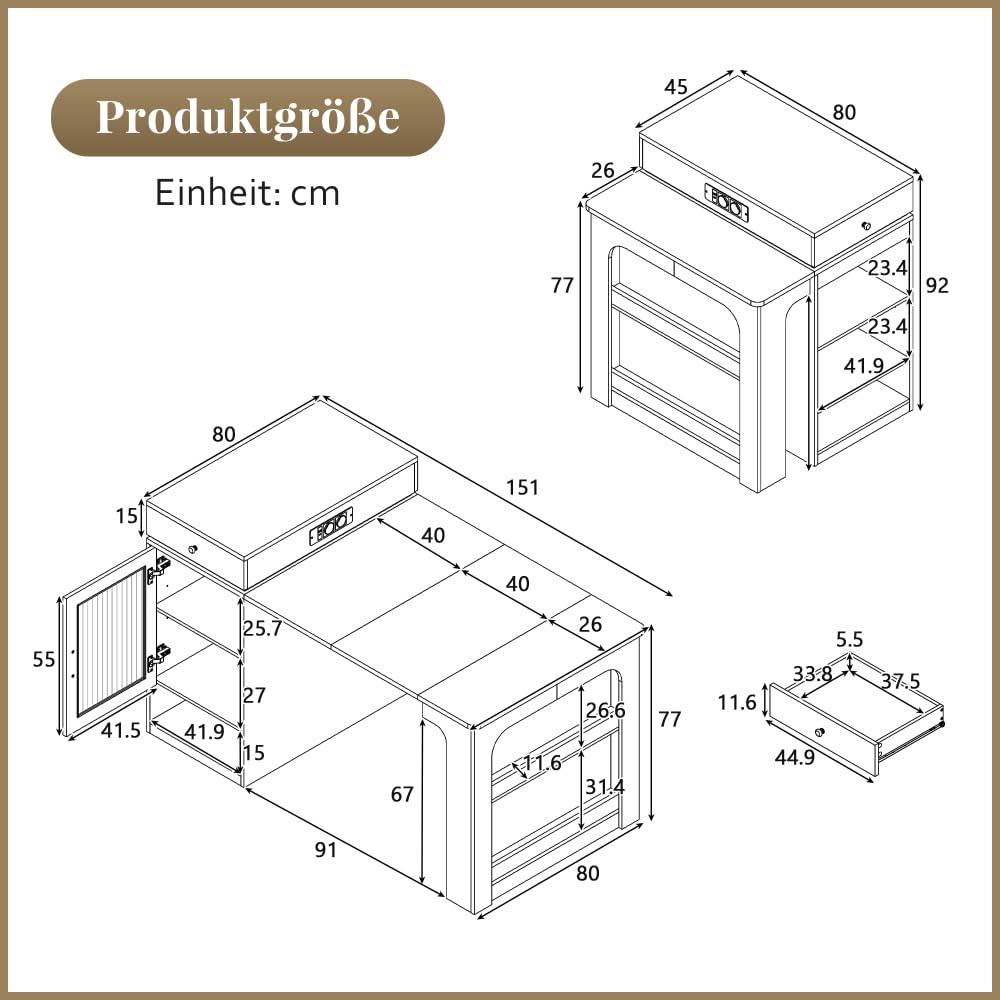 mobile Isola da cucina 71(151) x80x92 cm,tavolo da pranzo estensibile con piano rimovibile,tavolo da bar con presa multipla, isola cucina su ruote per sala da pranzo(A-Bianco+Naturale)