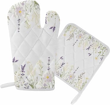 Oven Mitts and Pot Holder Set for Kitchen, Purple White Flowers Kitchen Oven Gloves Heat Resistance Non-Slip Surface Potholders Floral Leaf Hot Pads Sets for Cooking Baking Grilling BBQ