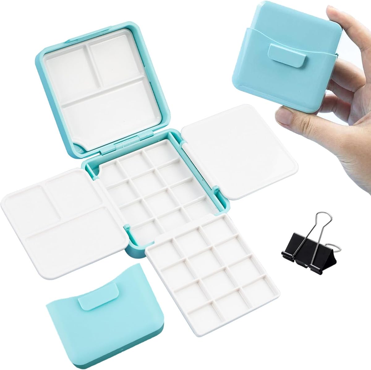 Portable Empty Watercolor Palette, 24 Wells Empty Paint Palette Box Mini Size with 2 Foldable Palettes (Blue)
