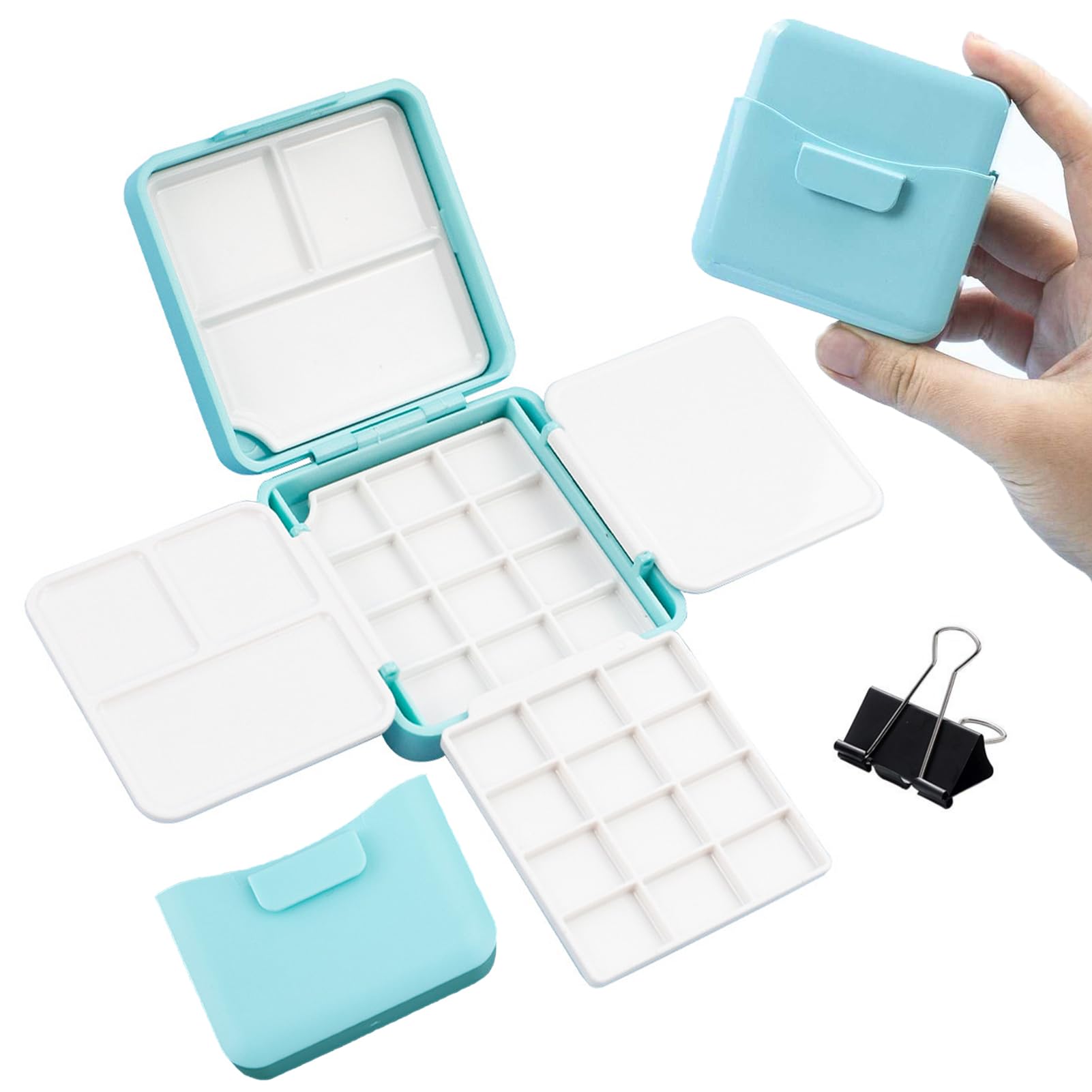 Portable Empty Watercolor Palette, 24 Wells Empty Paint Palette Box Mini Size with 2 Foldable Palettes,Water Container and Metal Clip for Travle